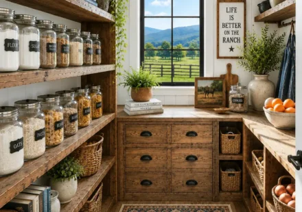 Walk-in pantry with rustic wood shelving, labeled glass storage jars, woven baskets, wooden drawers, a patterned runner rug, and a window overlooking a fenced ranch landscape.