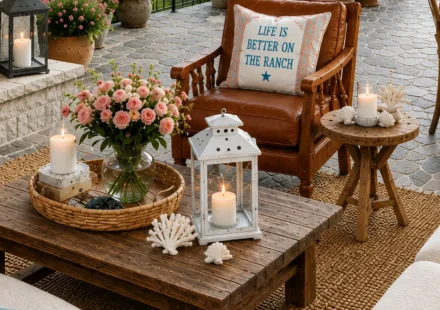 A weathered wood coffee table is styled with a woven tray holding pink roses, candles, and decorative accents in front of a cognac leather armchair. A cream pillow with blue lettering rests on the chair, while white lanterns, coral sculptures, woven rugs, and terracotta blush textiles surround the seating area on an outdoor patio.