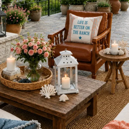 A weathered wood coffee table is styled with a woven tray holding pink roses, candles, and decorative accents in front of a cognac leather armchair. A cream pillow with blue lettering rests on the chair, while white lanterns, coral sculptures, woven rugs, and terracotta blush textiles surround the seating area on an outdoor patio.