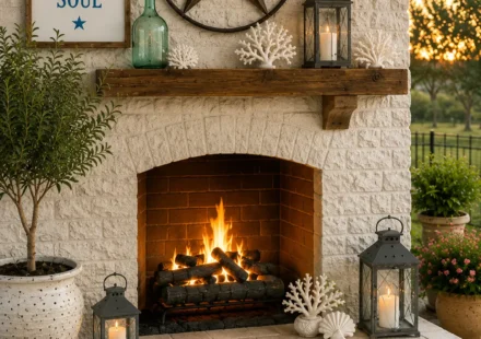 A lit outdoor stone fireplace is decorated with black lanterns, white coral sculptures, a sea glass bottle, and a framed “Salt Air Sunset Soul” sign beneath a large rustic star wall accent. In front of the fireplace, a woven tray filled with pink roses, candles, and coastal decor sits on a weathered wood coffee table surrounded by terracotta blush and denim blue pillows.