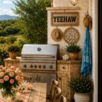 A stainless steel outdoor grill is built into a rustic weathered wood cabinet beneath a black wall lantern. A framed “YEEHAW” sign hangs above two cowboy hats and a circular shell-filled wall accent, while a sea glass blue towel hangs beside potted flowers and a wooden dining table styled with coral-colored linens, candles, and pink roses.