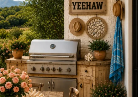 A stainless steel outdoor grill is built into a rustic weathered wood cabinet beneath a black wall lantern. A framed “YEEHAW” sign hangs above two cowboy hats and a circular shell-filled wall accent, while a sea glass blue towel hangs beside potted flowers and a wooden dining table styled with coral-colored linens, candles, and pink roses.