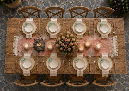 Overhead view of a rustic outdoor dining table set for eight with woven chargers, cream ceramic plates, shell-shaped bowls, striped linen napkins, sea glass flower accents, candles, blush rose centerpiece, and a patterned terracotta table runner.