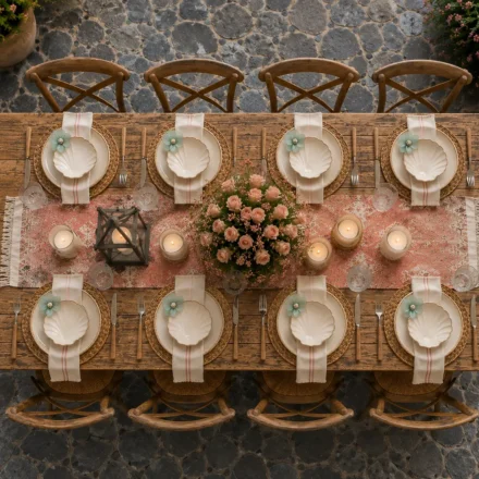 Overhead view of a rustic outdoor dining table set for eight with woven chargers, cream ceramic plates, shell-shaped bowls, striped linen napkins, sea glass flower accents, candles, blush rose centerpiece, and a patterned terracotta table runner.