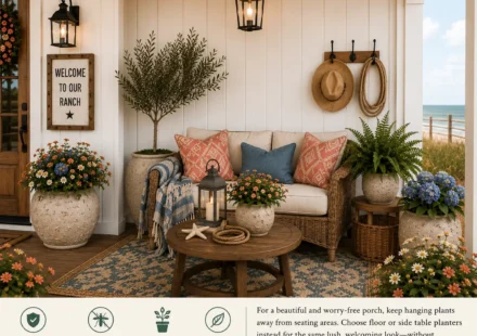 Rustic wicker loveseat styled with coral and coastal blue throw pillows, a round wood coffee table, lantern, olive tree, ceramic planters, flowering pots, lantern sconces, ranch sign, and woven accents on a cowgirl coastal front porch.