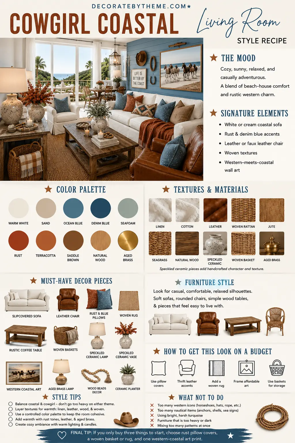 A decorating infographic shows a Cowgirl Coastal Living Room style recipe with a living room photo, color palette, textures and materials guide, furniture recommendations, decorating tips, and budget-friendly design suggestions.