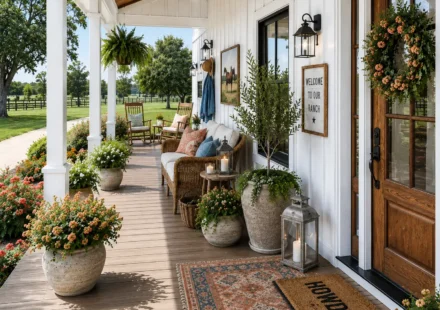 Covered white farmhouse porch with wicker seating, lantern wall sconces, potted flowers, a horse artwork, patterned rug, and a wooden front door overlooking a fenced ranch landscape.