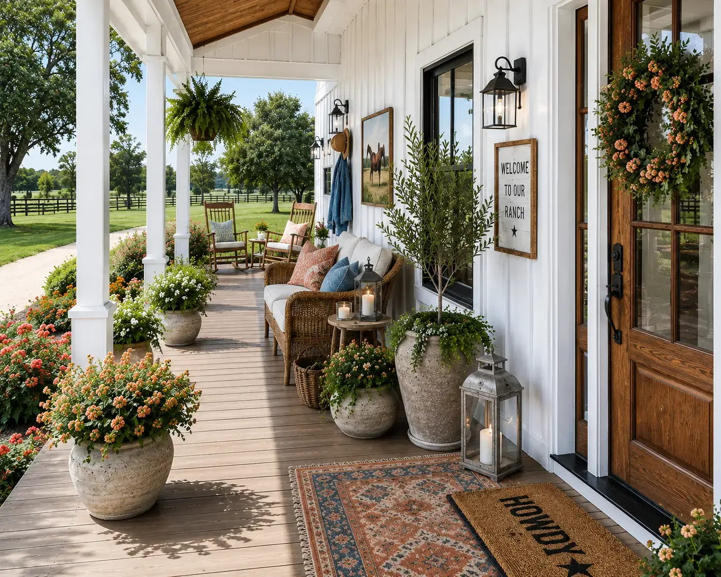 Covered white farmhouse porch with wicker seating, lantern wall sconces, potted flowers, a horse artwork, patterned rug, and a wooden front door overlooking a fenced ranch landscape.